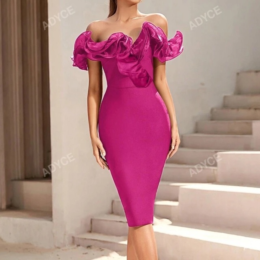 Off Shoulder Backless Ruffle Trim Cocktail Party Bandage Bodycon Dress